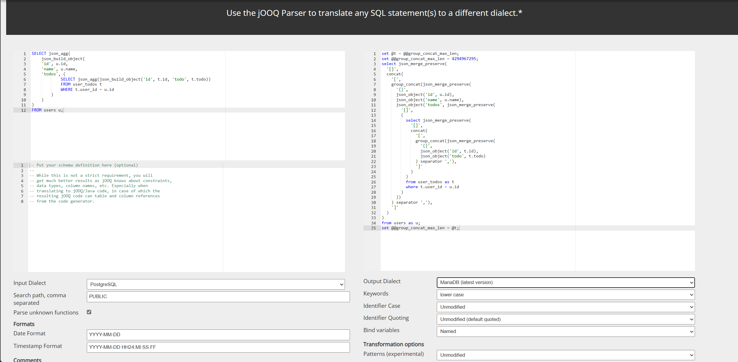 jooq translate online tool screenshot